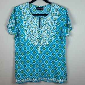 Liza Byrd Womens Blue Cotton Embroidered Short Sleeve Boho Blouse XS Resortwear